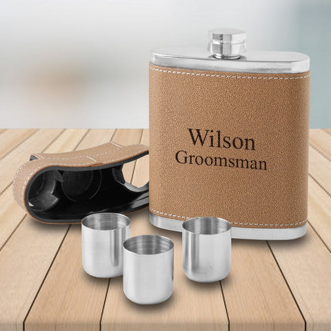 7oz. Leather Personalized Flask - 3 Steel Shot Glasses