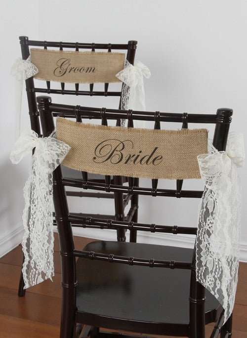 Bride and Groom Burlap Chair Decorations with Lace Sashes