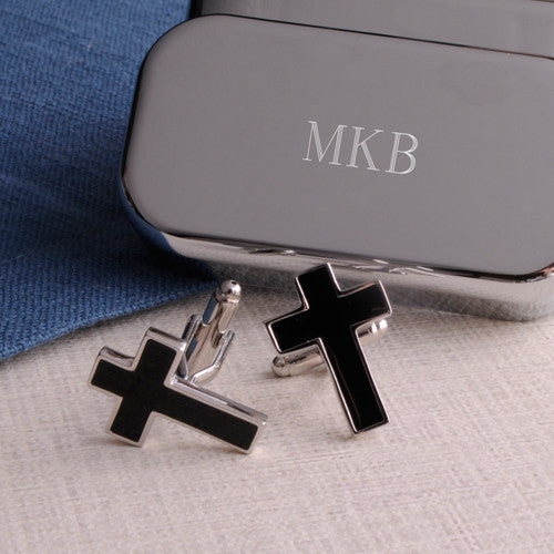 Black Cross Cufflinks with Personalized Case